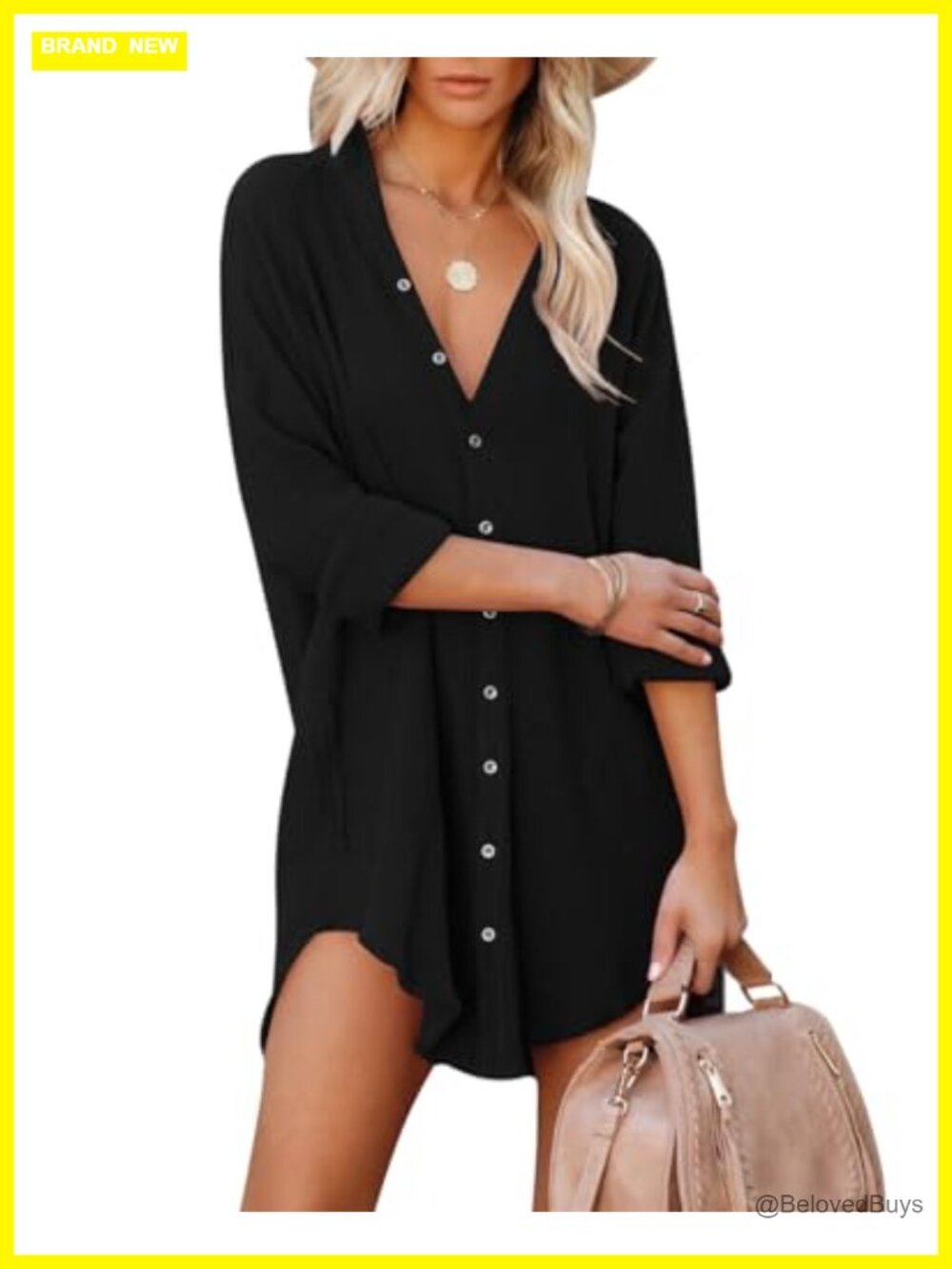 Women's Rayon Button Down Tunic Blouse Oversized Beach Cover-Up with Pockets